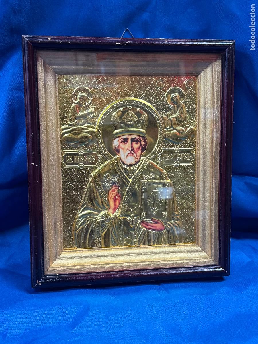 Arte: ICONO RELIGIOSO DE SAN NICOL&Aacute;S DE BARI CON RIZA METALIZADA REPOJADA - ICONOGRAF&Iacute;A ORTODOXA ENMARCADA