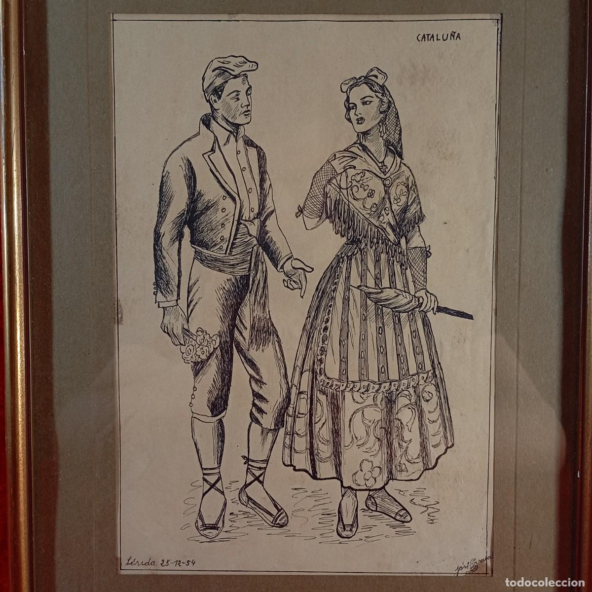 Arte: DIBUJO A TINTA - TRAJE POPULAR - CATALU&Ntilde;A - L&Eacute;RIDA 1854 - FIRMADO JOS&Eacute; PASCUAL - 26 X 18 CM / 3570