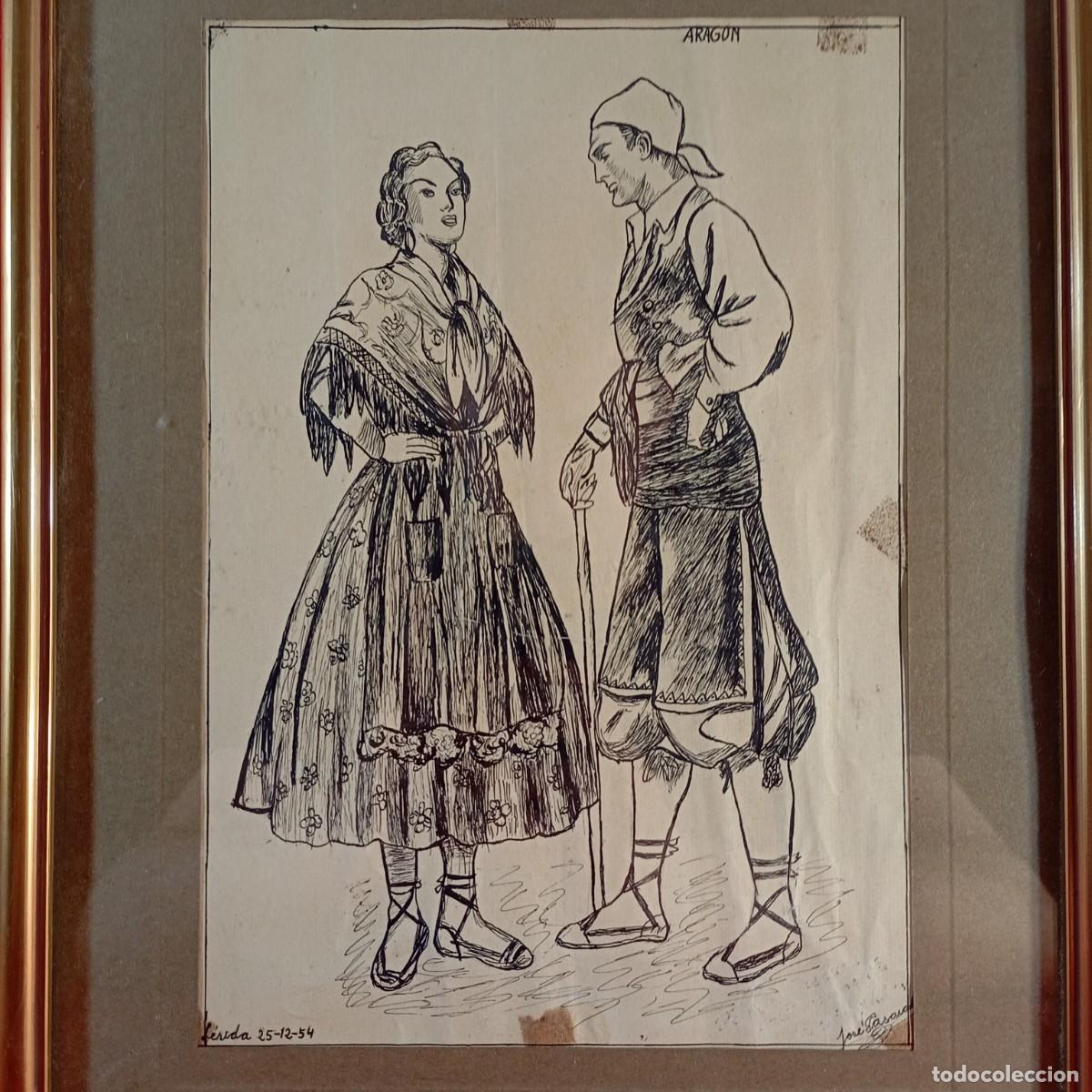 Arte: DIBUJO A TINTA - TRAJES POPULARES - ARAG&Oacute;N - L&Eacute;RIDA 1854 - FIRMADO JOS&Eacute; PASCUAL - 26 X 18 CM / 3571