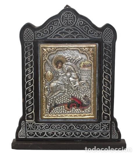 Arte: BONITO ICONO DE ESTILO BIZANTINO REALIZADO EN PLATA Y DECORACIONES PINTADAS A MANO. MEDIADOS SIG. XX