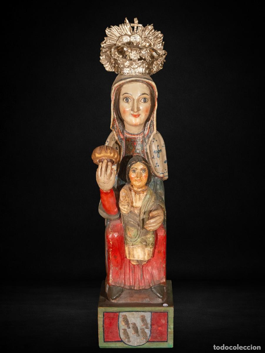 Arte: Virgen con Ni&ntilde;o en trono, talla en madera policromada estilo rom&aacute;nico,