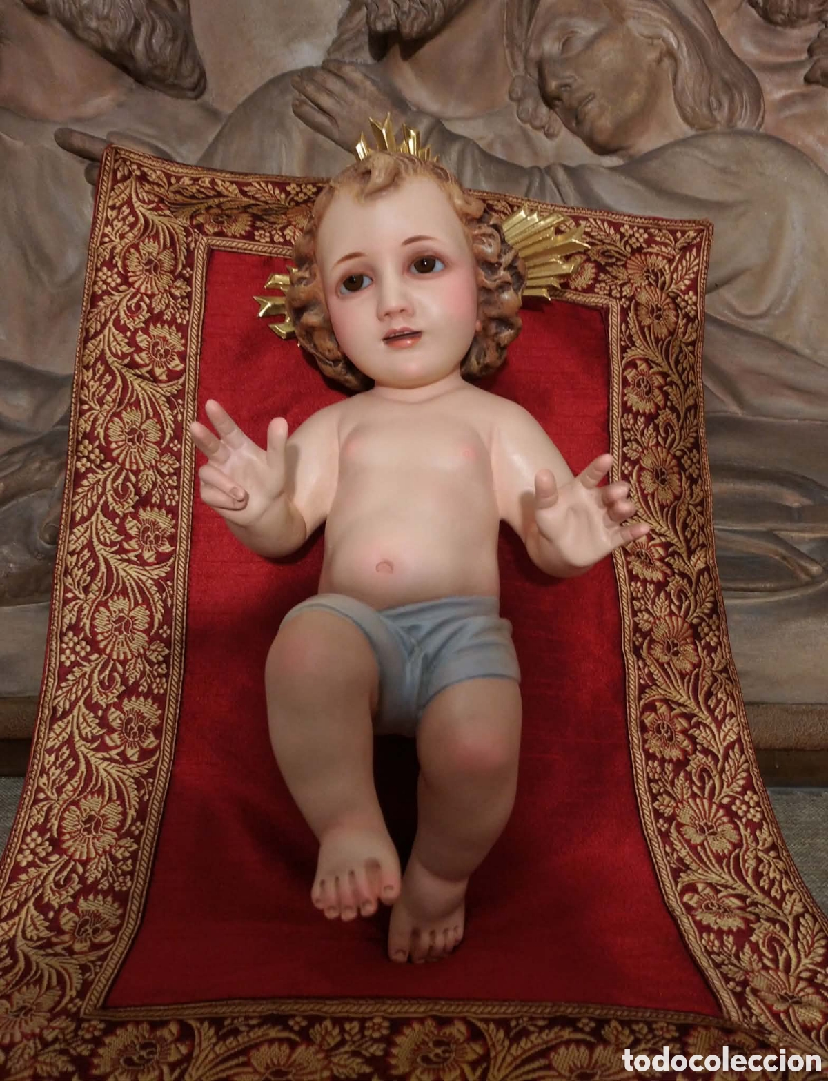 Arte: Ni&ntilde;o Jes&uacute;s 32 cm, sello Olot, ojos de cristal