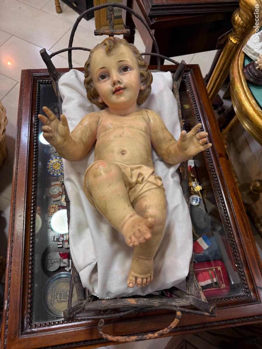 Arte: ANTIGUO NI&Ntilde;O JESUS DE OLOT CON OJOS DE CRISTAL - MEDIDA NI&Ntilde;O 40 CM - RELIGIOSO - BELEN