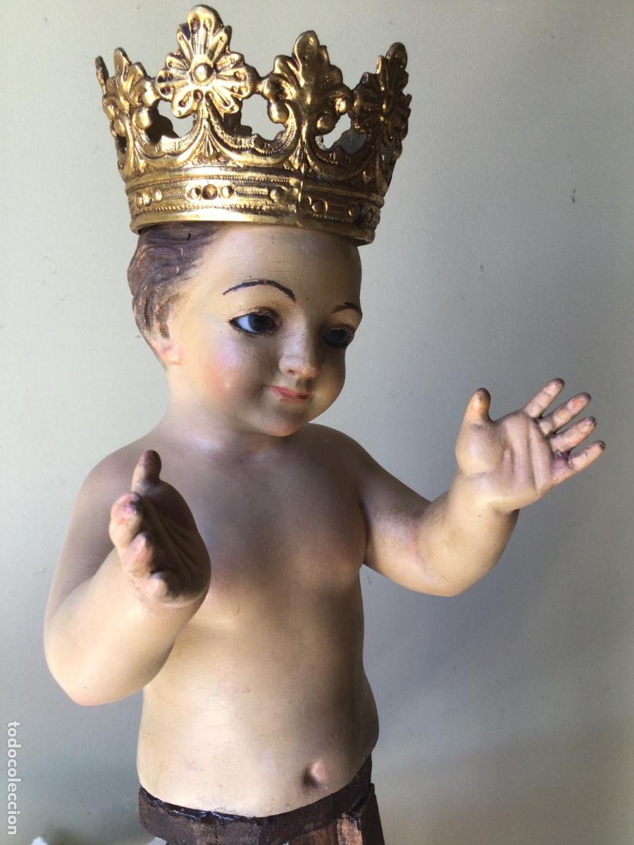 Arte: ANTIGUA TALLA EN MADERA , VESTIDERA , NI&Ntilde;O JESUS SIGLO XIX -OJOS DE VIDRIO Y CORONA