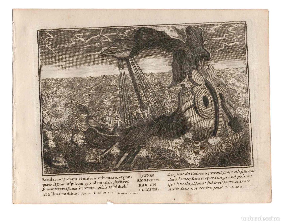 Arte: GRABADO RELIGIOSO SANTA BIBLIA. JONAS ENGULLIDO POR LA BALLENA. C.1700