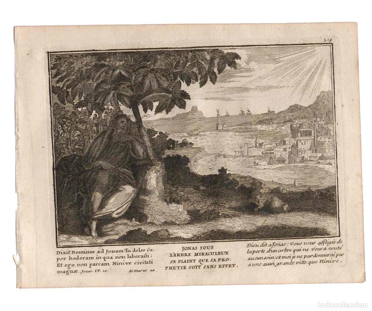 Arte: GRABADO RELIGIOSO SANTA BIBLIA. JONAS SOBRE EL ARBOL MILAGROSO. C.1700