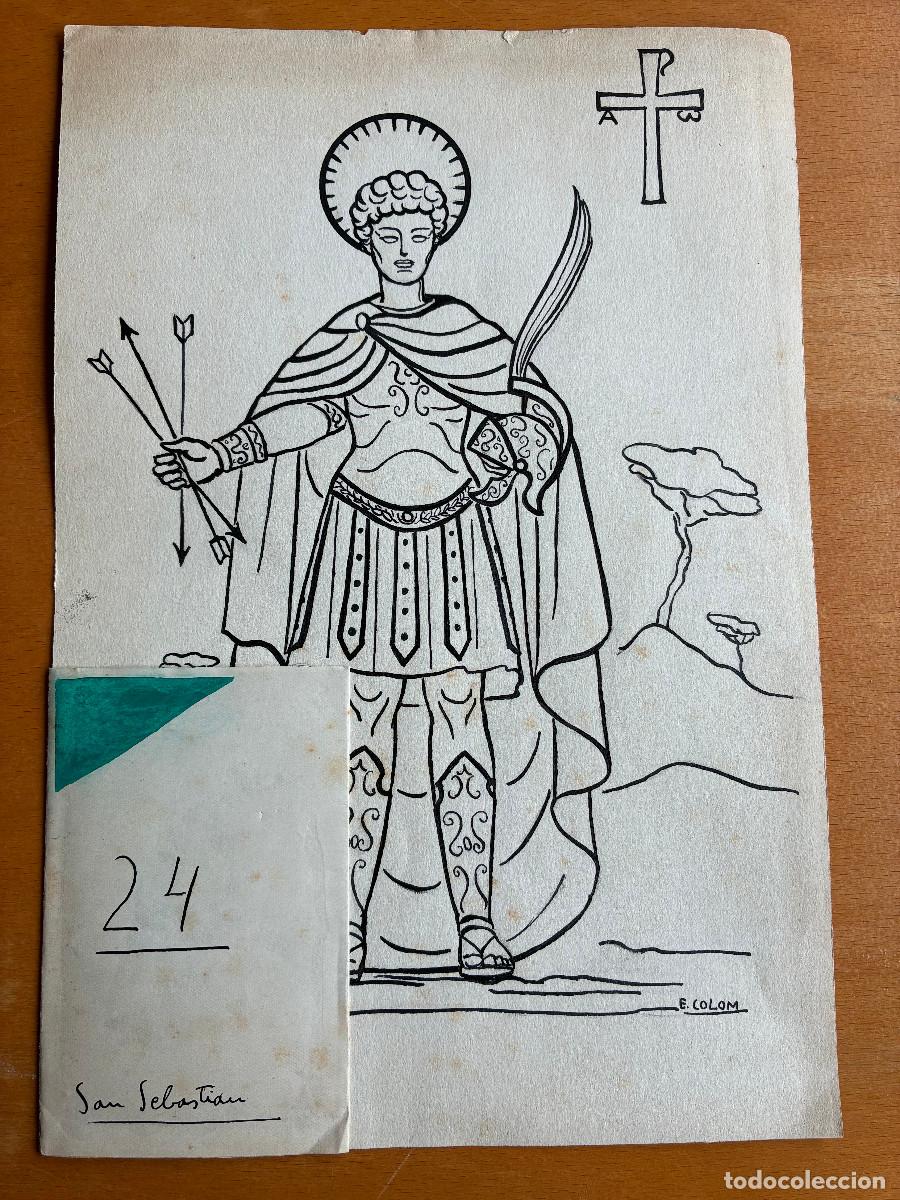 Arte: San Sebastian, por Emili Colom. Tinta negra y guache color sobre papel 31x23 cm y 11x7 cm. Ca 1960