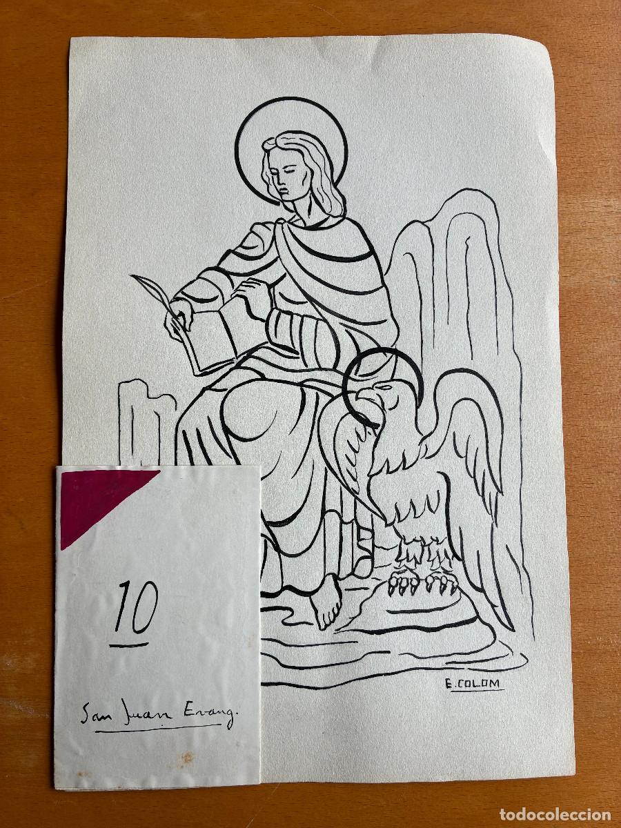 Arte: San Juan Ecangelista, Emili Colom. Tinta negra y guache color sobre papel 31x23 cm y 11x7 cm