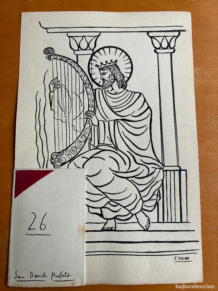 Arte: San David Profeta, Emili Colom. Tinta negra y guache color sobre papel 31x23 cm y 11x7 cm