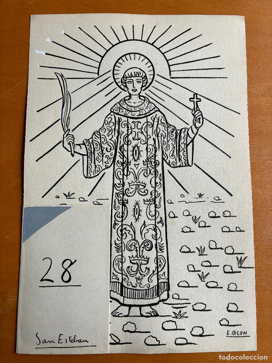 Arte: San Esteban, Emili Colom. Tinta negra y guache color sobre papel 31x23 cm y 11x7 cm
