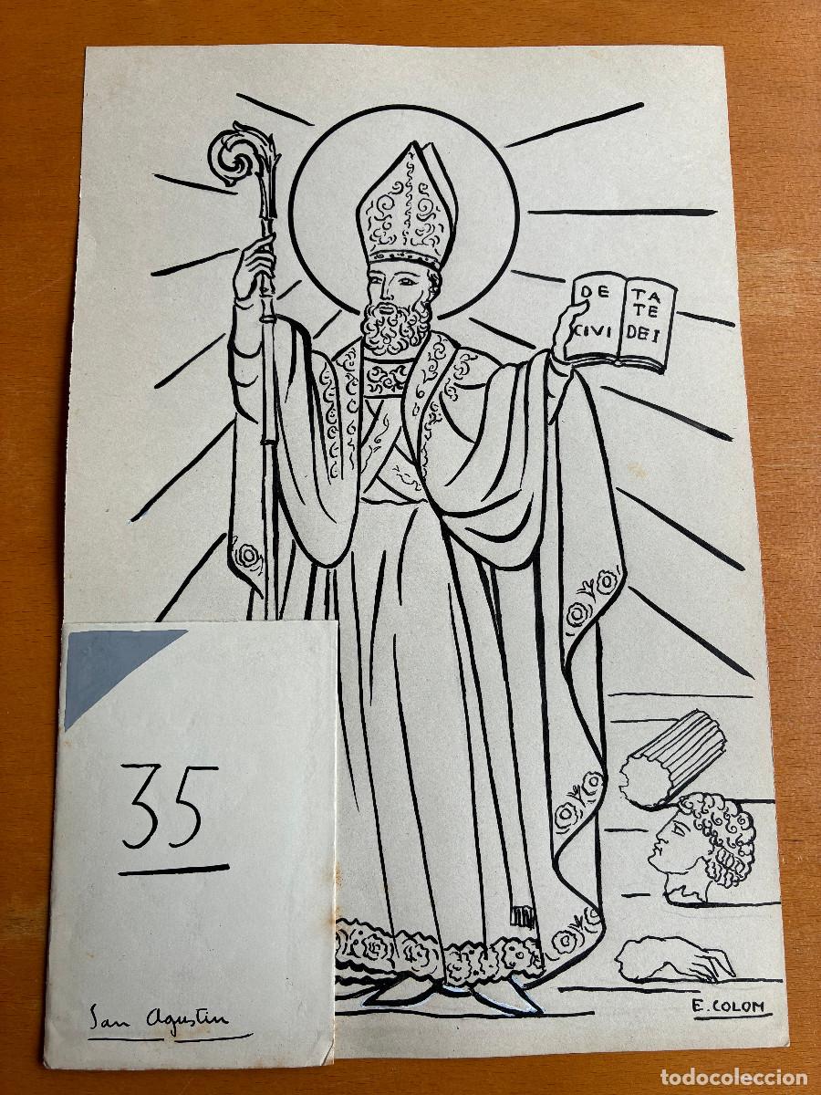 Arte: San Agustin, Emili Colom. Tinta negra y guache color sobre papel 31x23 cm y 11x7 cm