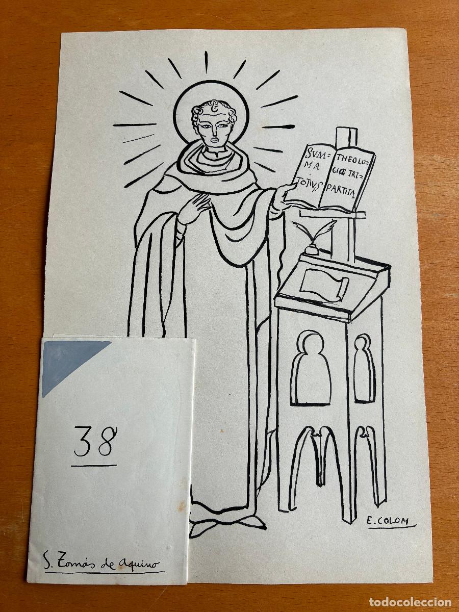 Arte: Santo Tomas de Aquino, Emili Colom. Tinta negra y guache color sobre papel 31x23 cm y 11x7 cm