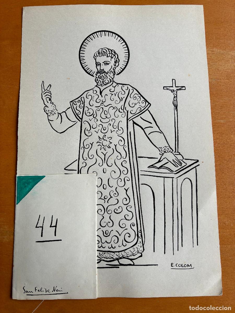 Arte: San Flipe Neri, Emili Colom. Tinta negra y guache color sobre papel 31x23 cm y 11x7 cm
