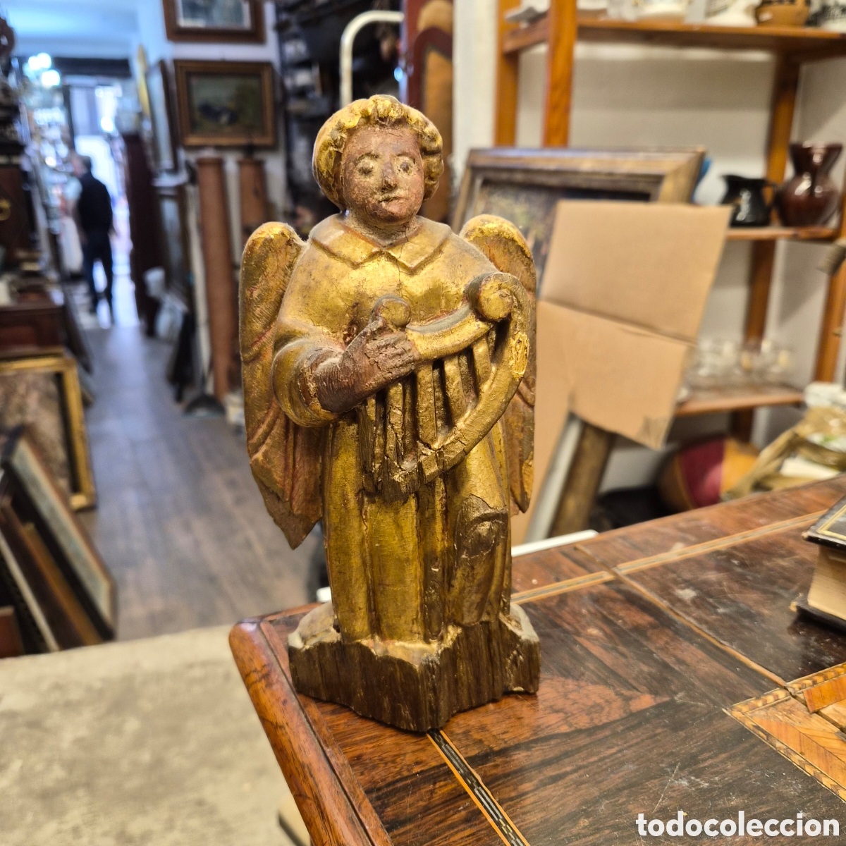 Arte: Antigua talla religiosa angel arpa en madera policromada siglo XVII