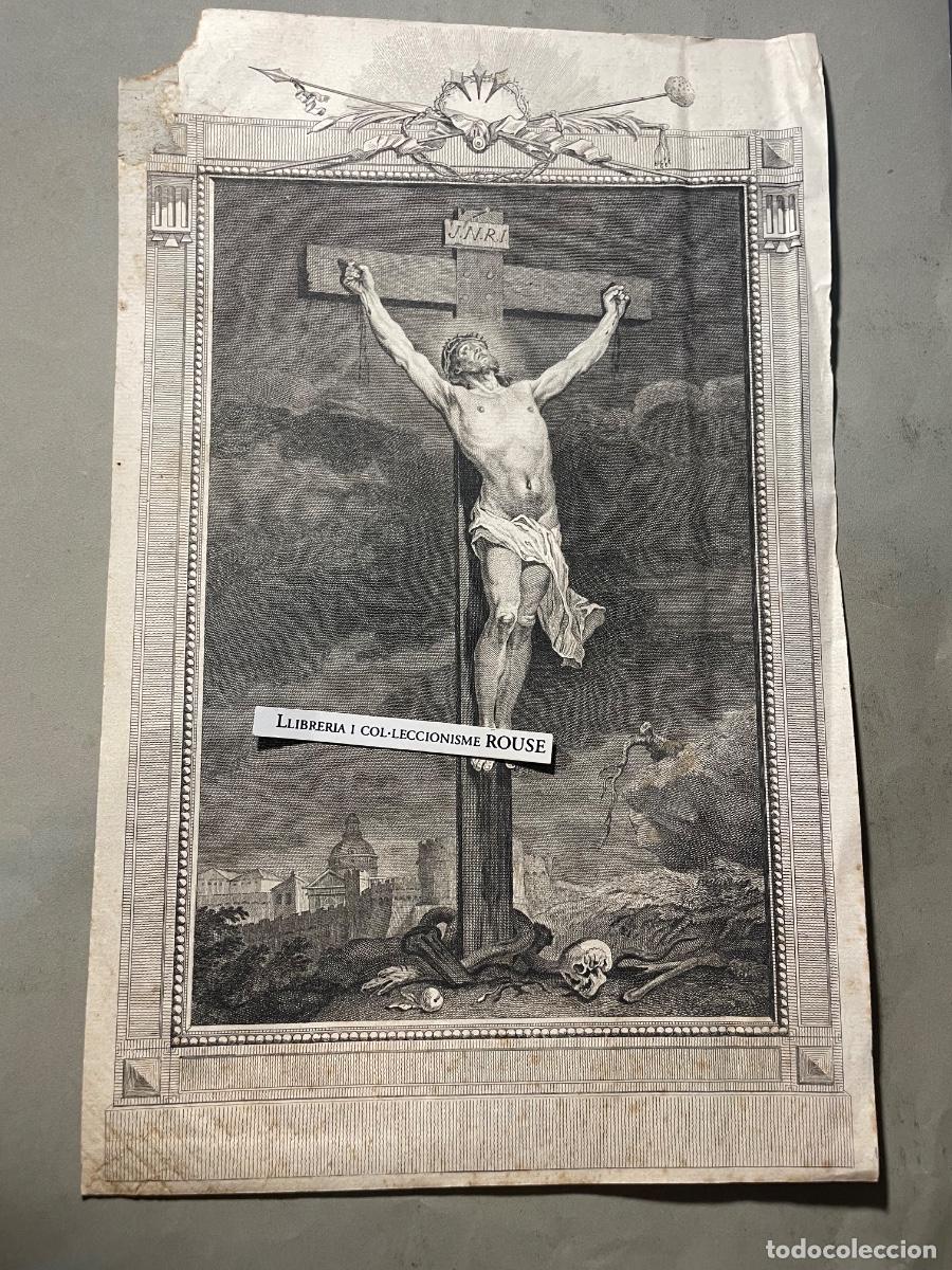 Arte: ANTIGUO GRABADO RELIGIOSO - CRUCIFICCION - FINAL DE S. XVIII- PRINCIPIO XIX - 33,5X21,5 CM.