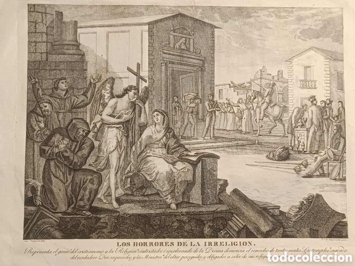 Arte: GRABADO HACIA 1800.LOS HORRORES DE LA IRRELIGI&Oacute;N. DIBUJO JUAN RODRIGUEZ, GRABADO POR J PEDRO WAGNER.