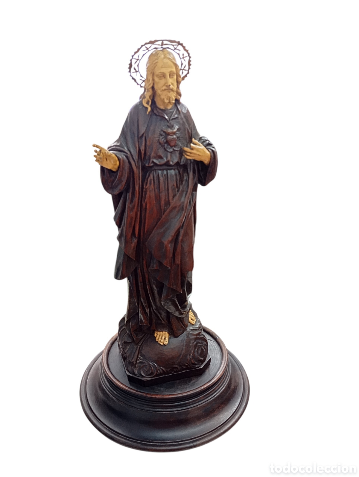 Arte: ANTIGUA ESCULTURA SAGRADO CORAZ&Oacute;N JES&Uacute;S MADERA TALLADA POLICROMADA SOBRE PEANA S. XIX ESPA&Ntilde;A 66cm