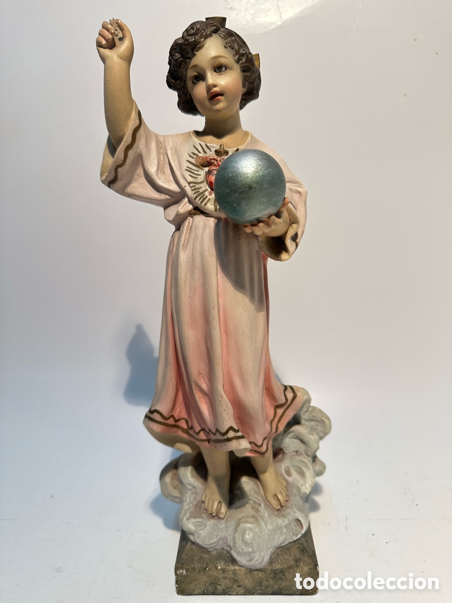 Arte: BONITO NI&Ntilde;O JESUS SAGRADO CORAZON DE ESTUCO Y OJOS DE CRISTAL. MODELO OLOT 31 CM.