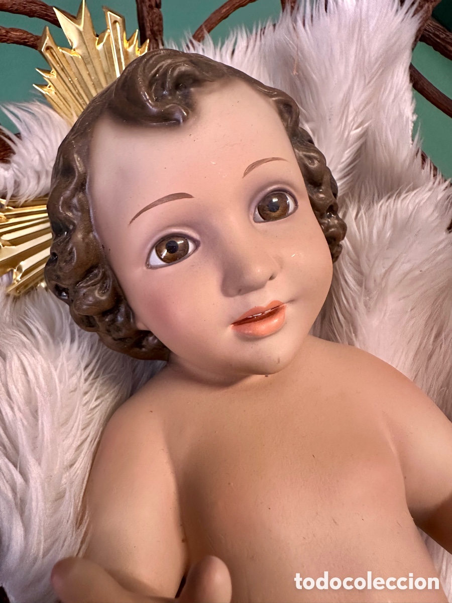 Arte: NI&Ntilde;O JES&Uacute;S DE CUNA. ARTE MODELO, OLOT. PASTA MADERA, OJOS DE CRISTAL. A&Ntilde;OS 70. NUEVO! De tienda.