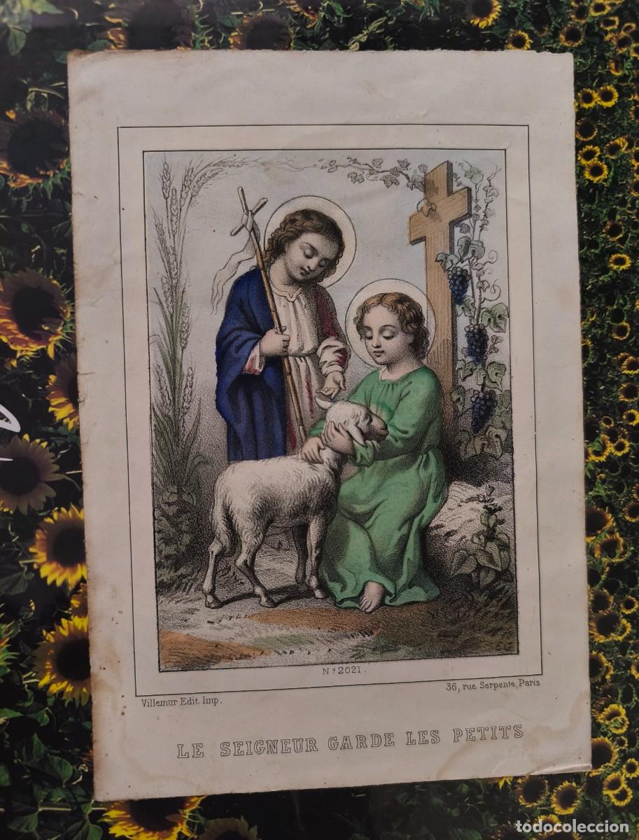 Arte: Litograf&iacute;a original ni&ntilde;o Jes&uacute;s con San Juan Bautista siglo XIX.