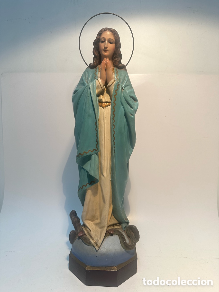Arte: PRECIOSA VIRGEN PURISIMA CONCEPCION DE ESTUCO Y OJOS DE CRISTAL. TALLERES ANONIMA MATO OLOT. 46CM.