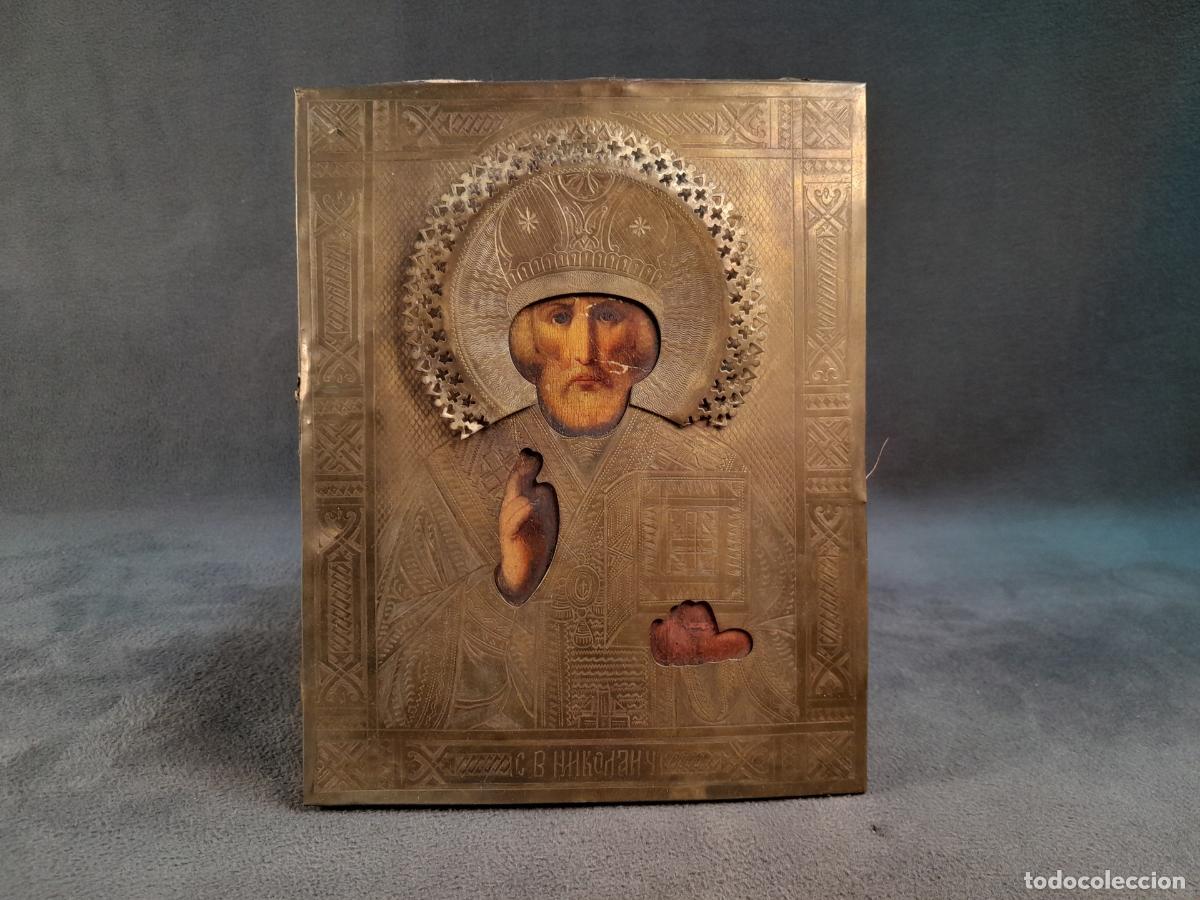 Arte: ICONO RUSO SAN NICOL&Aacute;S TAUMATURGO CON OKLAD. &Oacute;LEO SOBRE TABLA. SIGLO XIX.