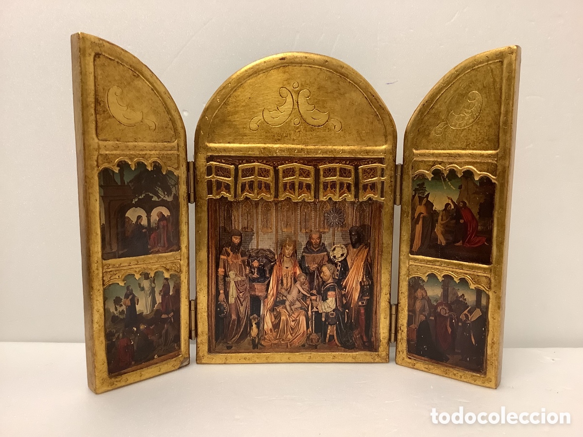 Arte: TR&Iacute;PTICO ICONO DE MADERA PINTADA AL ORO