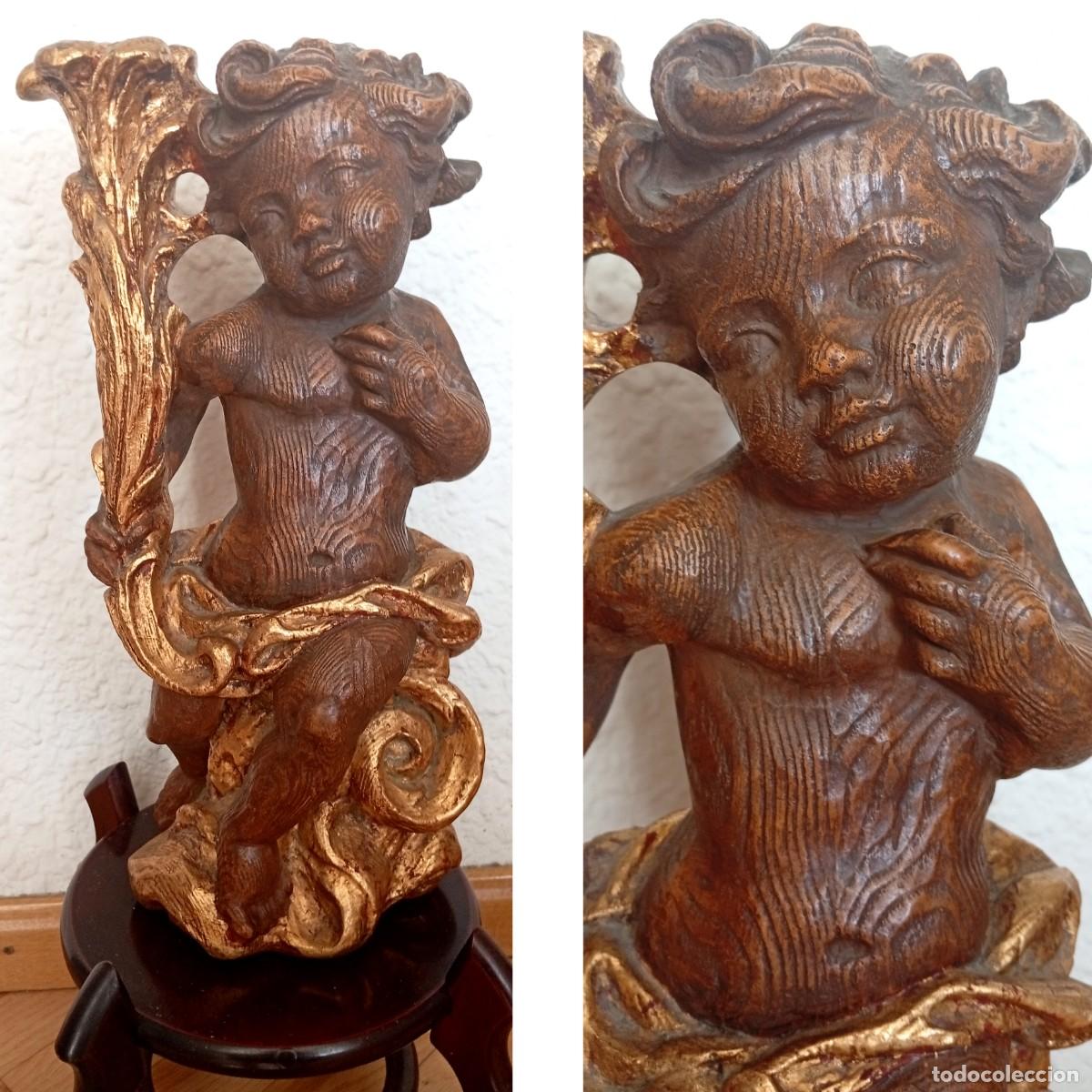Arte: Figura De &Aacute;ngel / Querub&iacute;n Barroco - 45 cm - Resina Acabado Imitaci&oacute;n Madera y Dorado