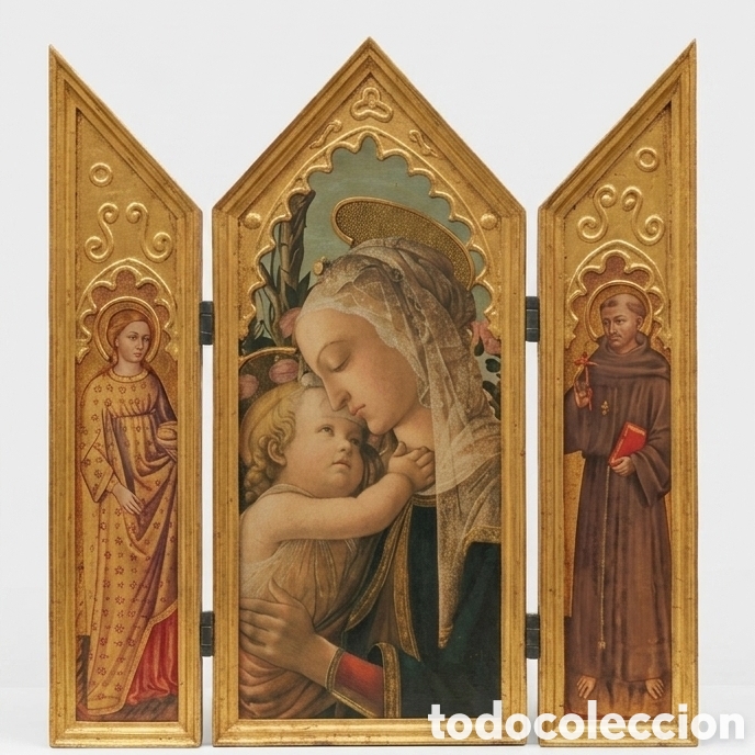 Arte: RETABLO - TRIPTICO RELIGIOSO - VIRGEN CON NI&Ntilde;O - MADERA Y PAN DE ORO -
