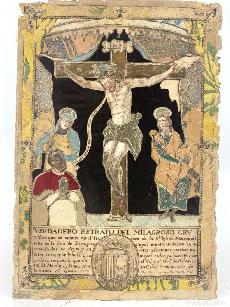 Arte: Antiguo grabado bordado, siglo XVIII, trascoro Seo de Zaragoza, obispo de Albarrac&iacute;n Mart&iacute;n de Funes