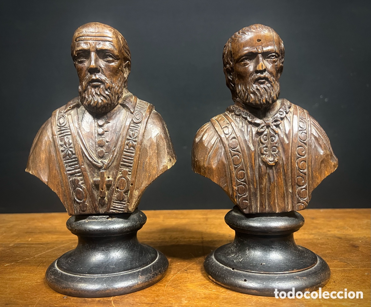 Arte: Pareja de bustos religiosos en madera. S.XVIII