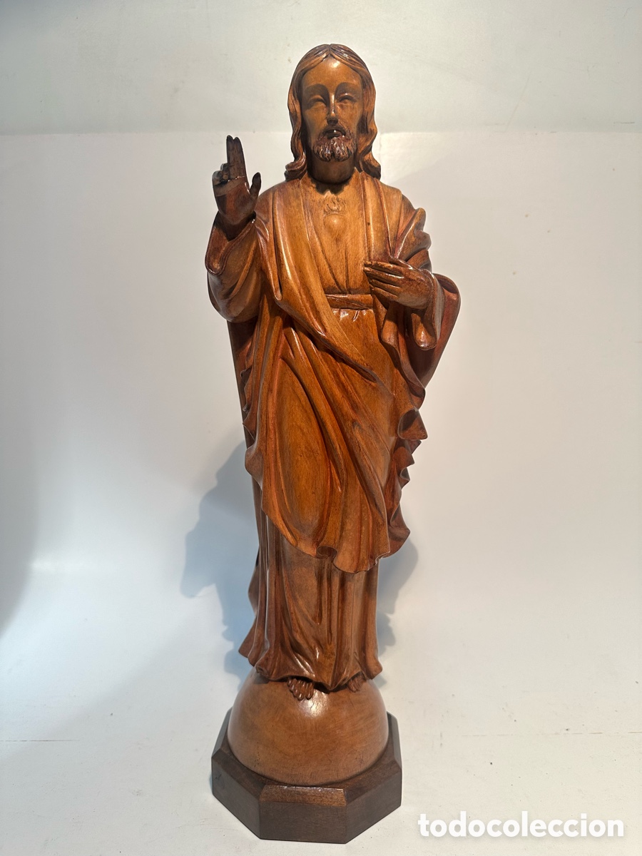 Arte: PRECIOSO SAGRADO CORAZON DE JESUS DE TALLA MADERA. 40CM.
