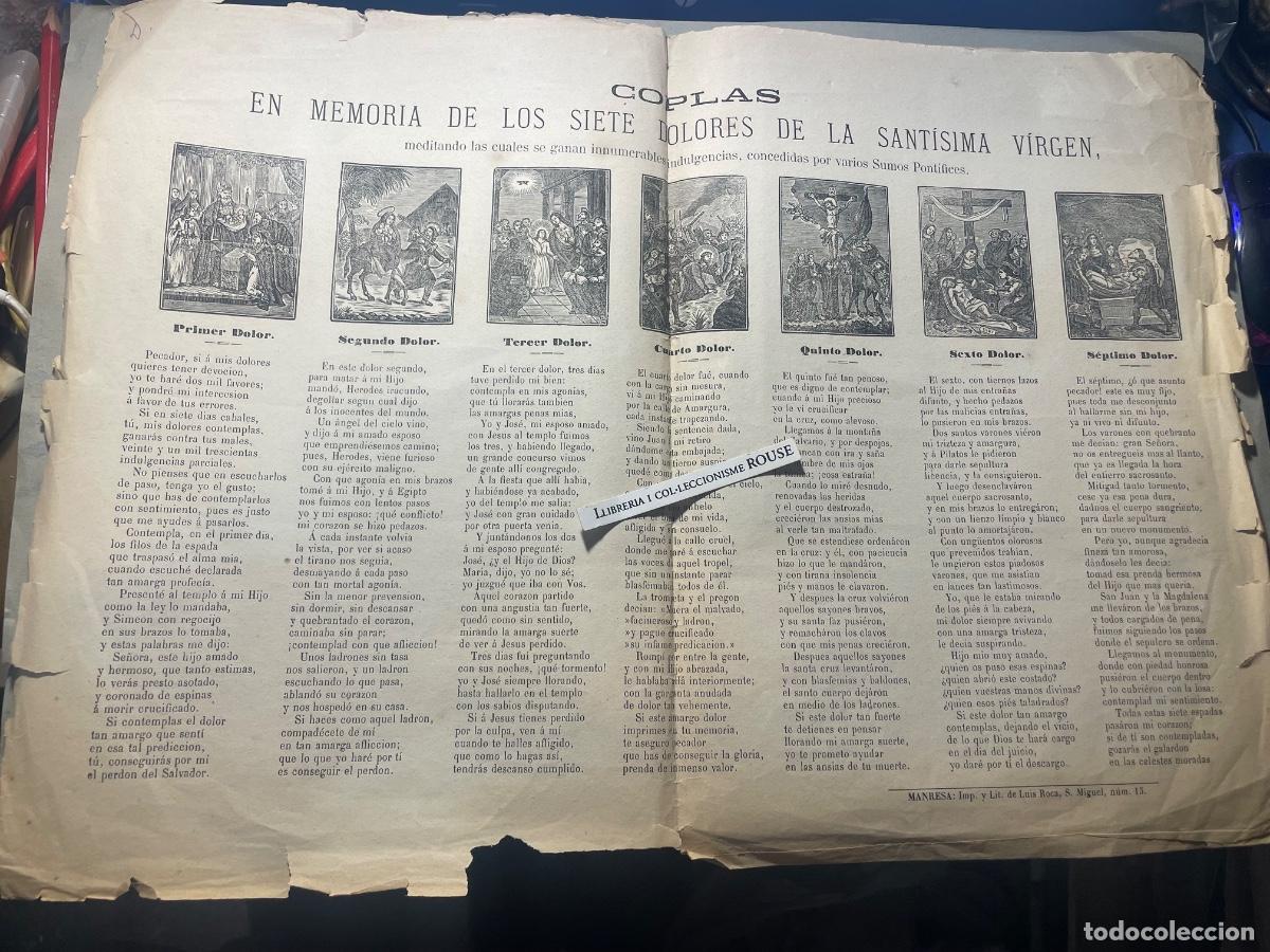 Arte: COPLAS - EN MEMORIA DE LOS SIETE DOLORES DELA SANTISIMA VIRGEN LITOGRAF. S.XIX MANRESA IMP. Y LIT.