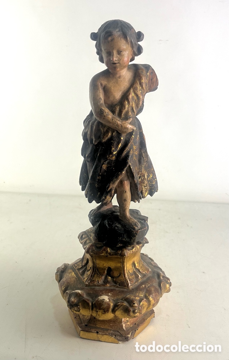 Arte: IMPORTANTE SAN JUANITO DE MADERA POLICROMADA - SIGLO XVIII - CON PEANA DE LA EPOCA
