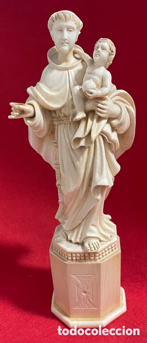 Arte: Preciosa escultura antigua, en talla de hueso de San Antonio con el ni&ntilde;o. Principios siglo XX.