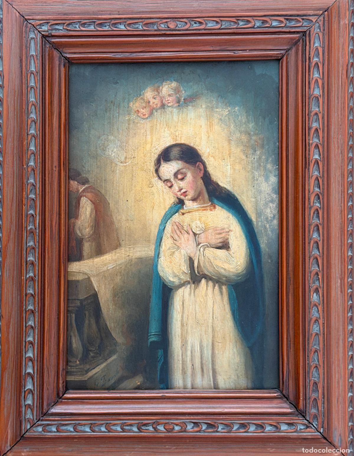 Arte: Virgen Mar&iacute;a en oraci&oacute;n , &oacute;leo tabla , S. XIX , firmado G. ZAVALA , R233