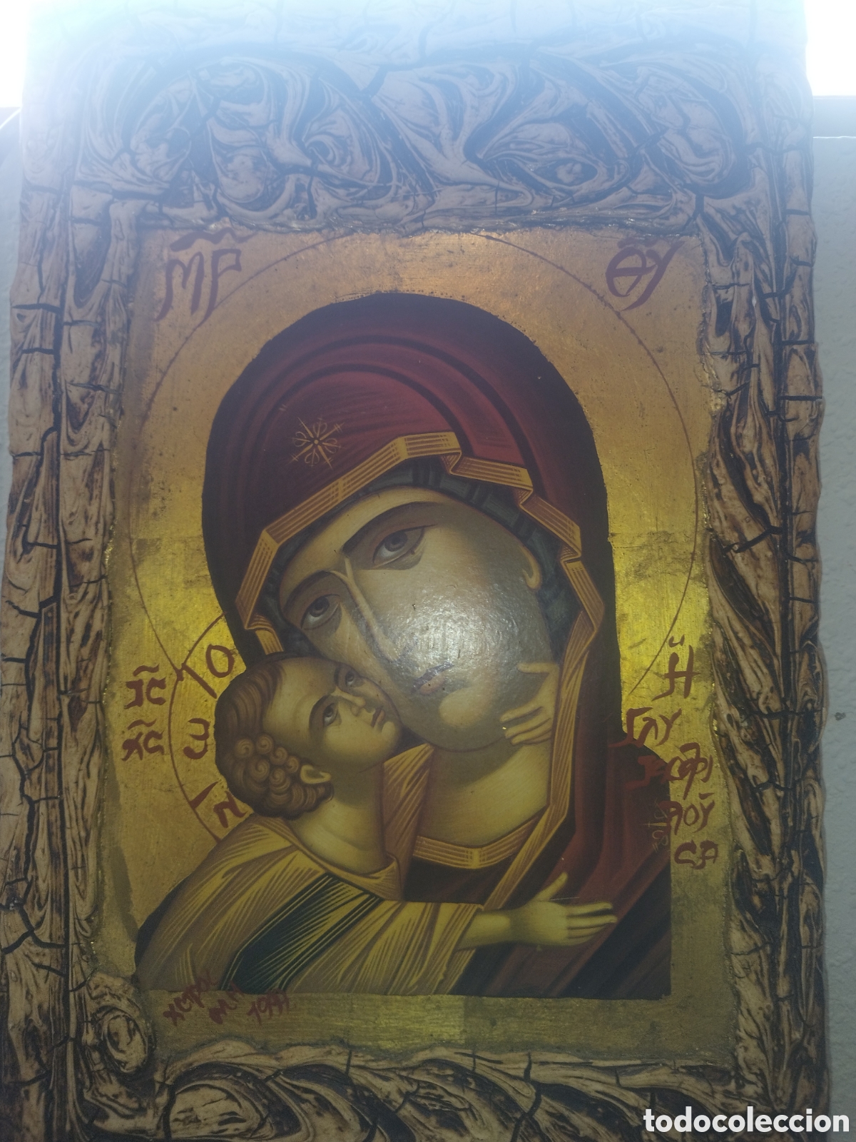 Arte: Icono Bizantino Grande &rdquo;Virgen de la Ternura&rdquo; - Pintado a mano 60x40 cm (1991)