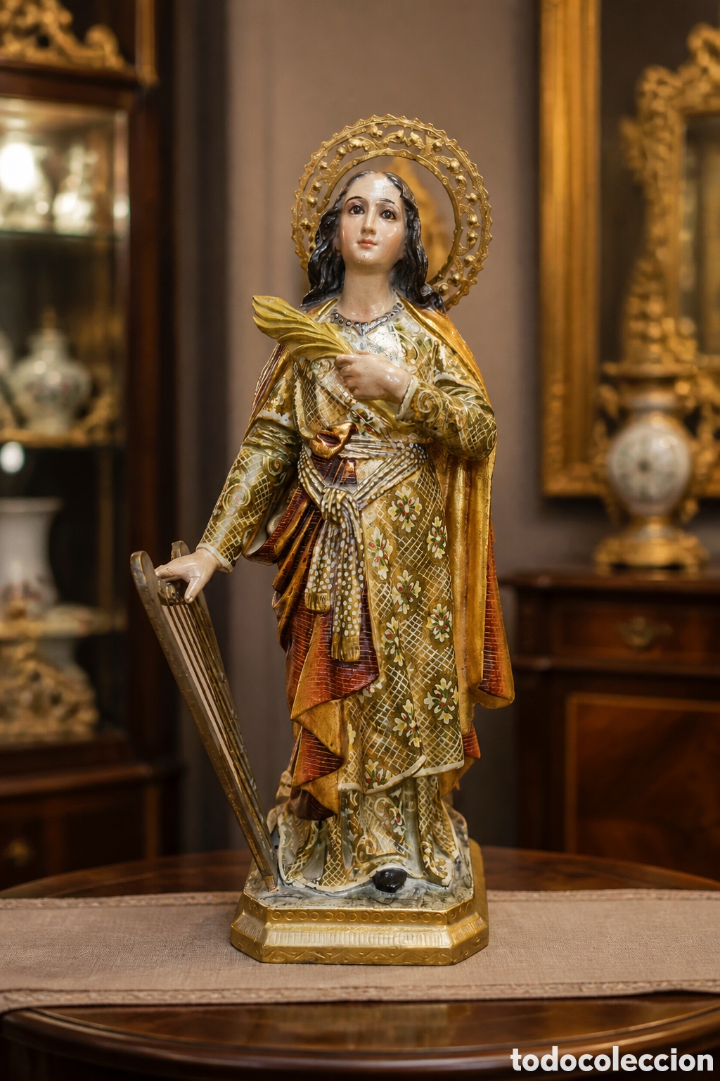 Arte: ANTIGUA IMAGEN RELIGIOSA SANTA CECILIA PATRONA DE LOS M&Uacute;SICOS OLOT CALIDAD EXTRA OJOS DE CRISTAL....