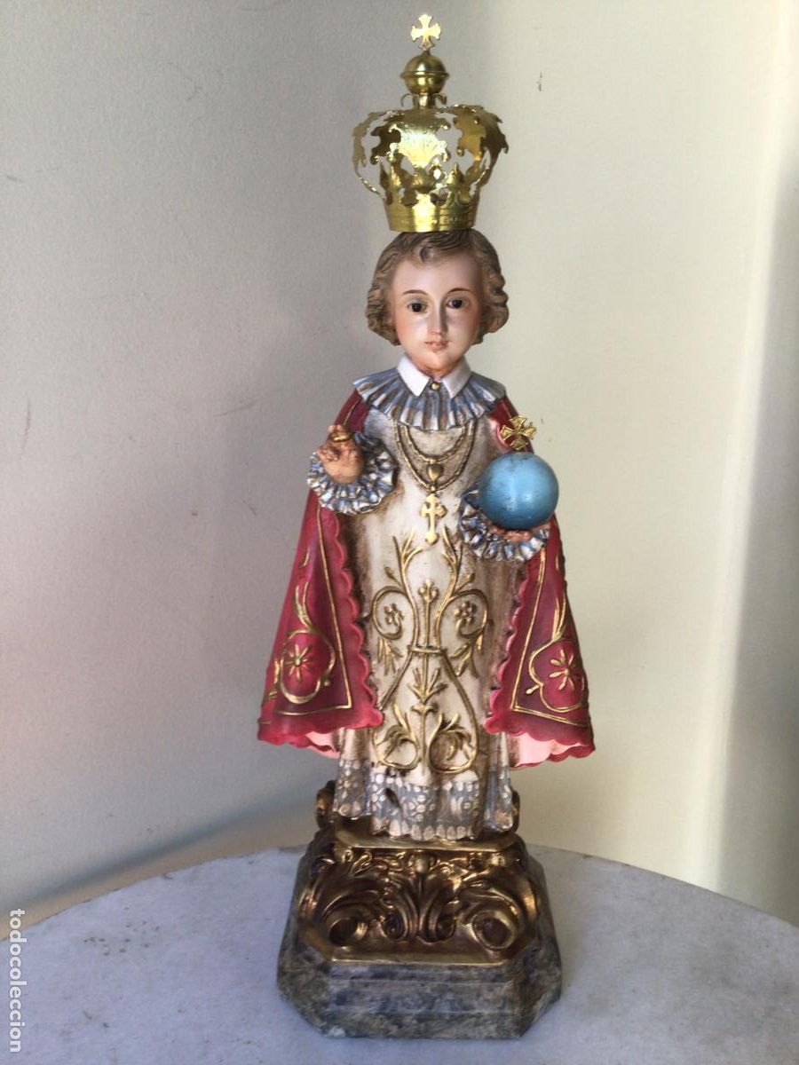 Arte: ANTIGUA FIGURA DE OLOT , NI&Ntilde;O JESUS DE PRAGA , 40 CM ALTO, CON CORONA METALICA