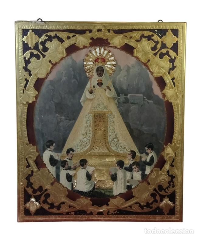 Arte: LA VIRGEN DE MONTSERRAT CON LA ESCOLAN&Iacute;A. &Oacute;LEO SOBRE MADERA Y PAN DE ORO. ESPA&Ntilde;A. SIGLOS XIX-XX.