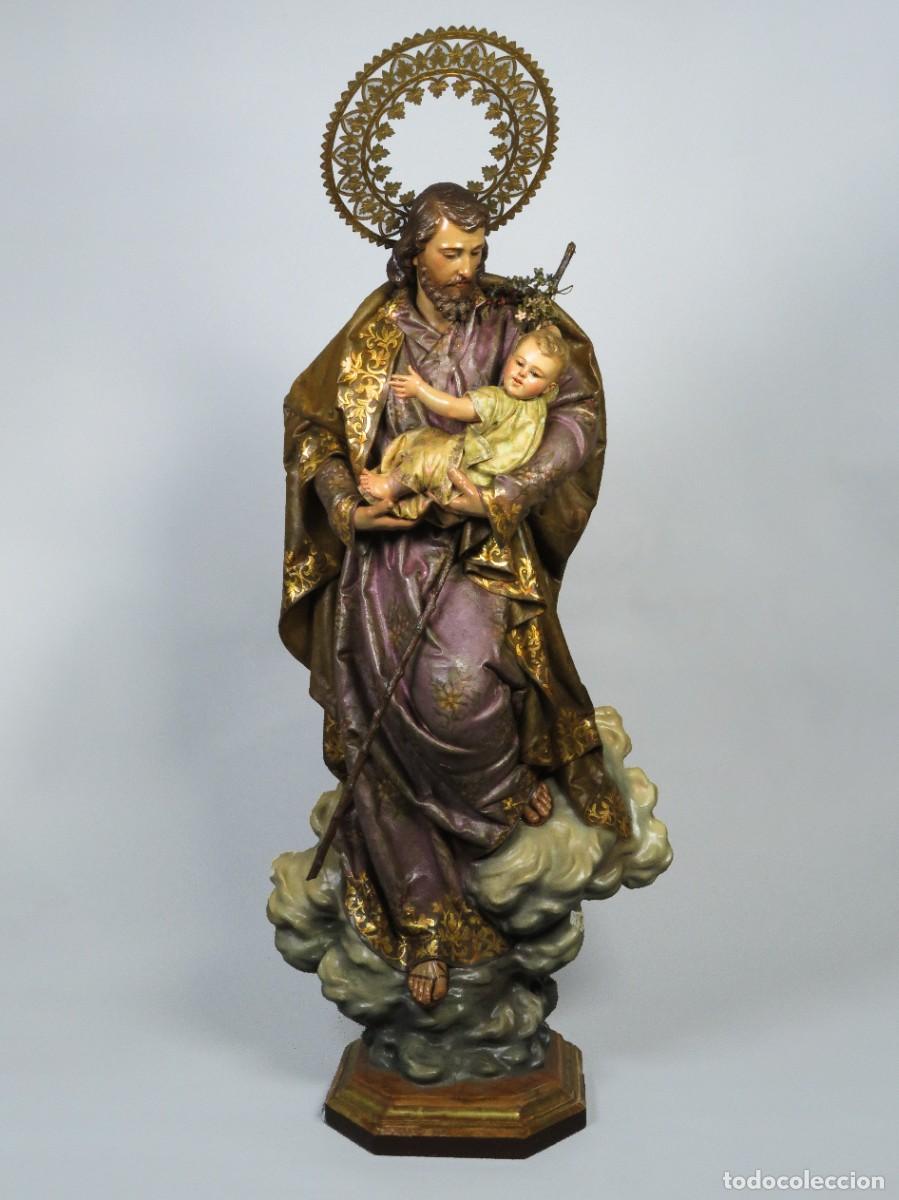 Arte: San Jos&eacute; con el Ni&ntilde;o escultura en madera tallada y policromada escuela catalana del siglo XIX