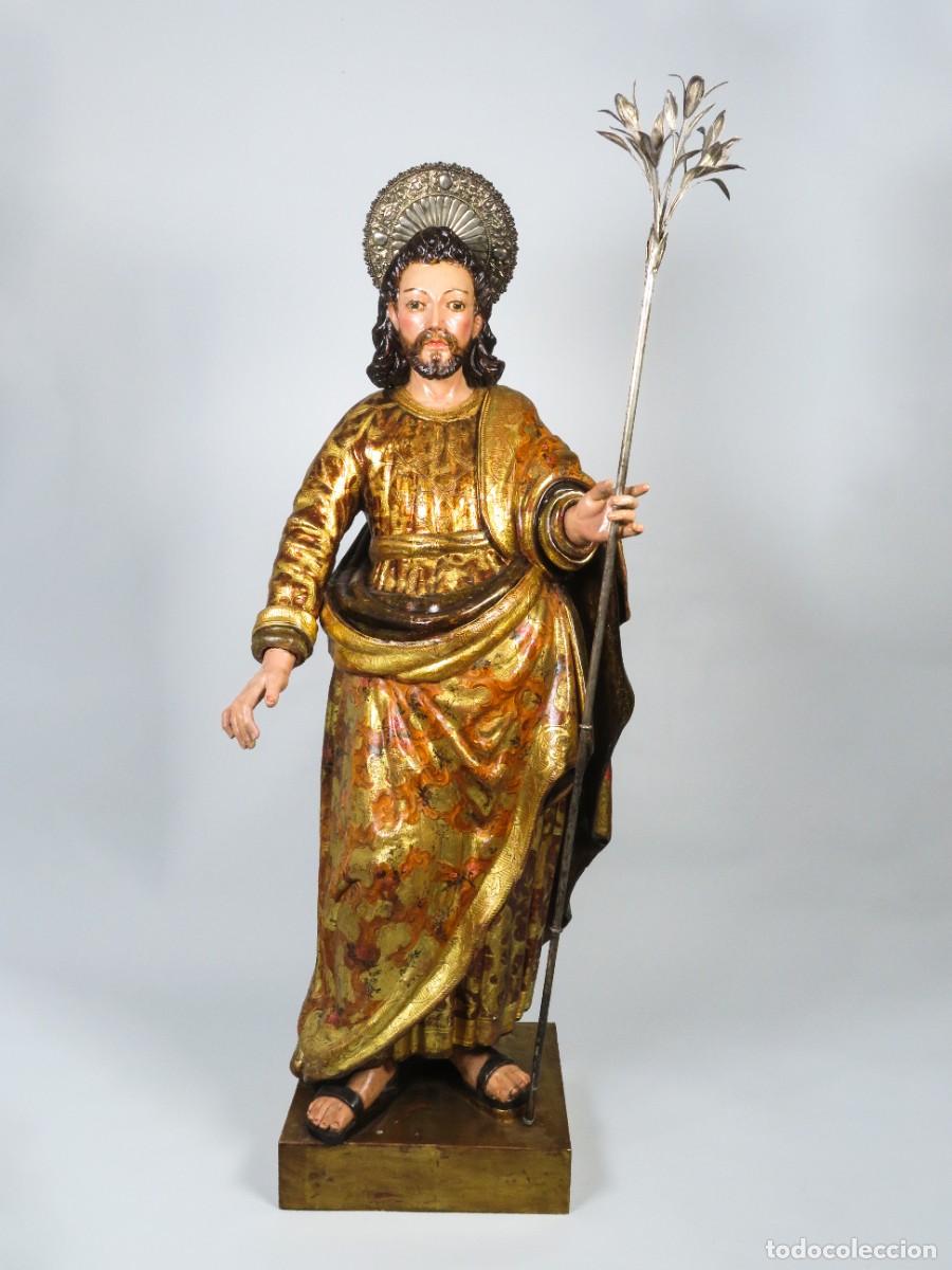 Arte: San Jos&eacute; madera tallada dorada y policromada con bast&oacute;n y resplandor en plata escuela andaluza XVII