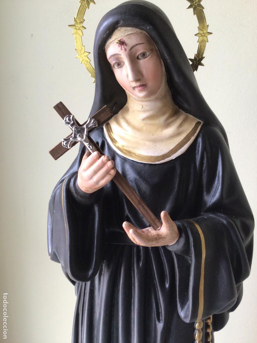 Arte: GRANDE E IMPRESIONANTE FIGURA DE OLOT , SANTA RITA CON CRUZ MADERA , 47 CM ALTO