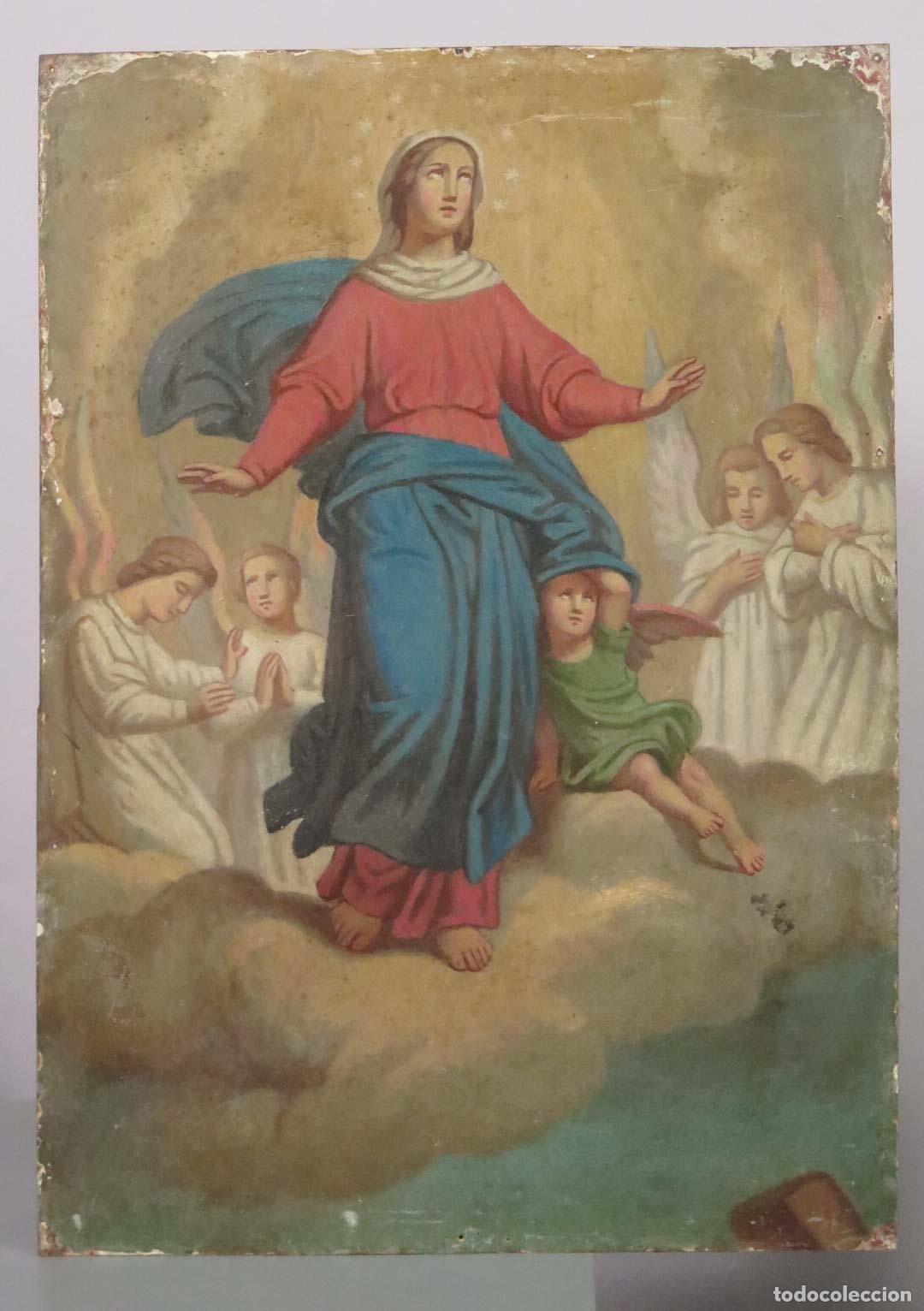Arte: ASCENSION DE LA VIRGEN MARIA ENTRE ANGELES. OLEO S/ CHAPA. SIGLO XIX