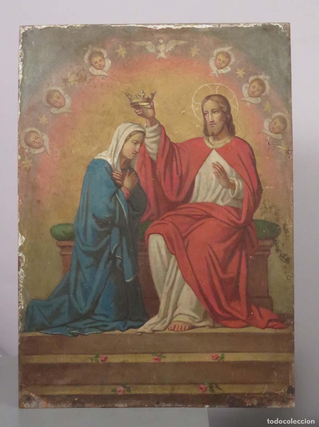 Arte: CORONACION DE LA VIRGEN MARIA COMO REINA DE LOS ANGELES. OLEO S/ CHAPA. SIGLO XIX