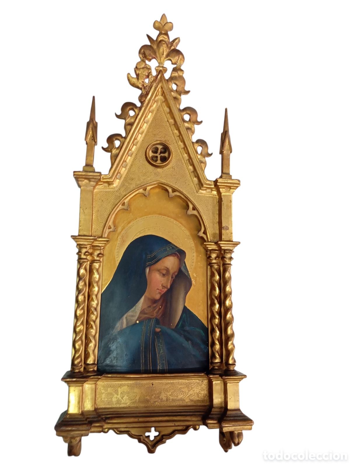 Arte: ANTIGUO RETABLO NEOGOTICO S. XIX VIRGEN PINTADA SOBRE TABLA MADERA BELLO ALTAR DORADO CAPILLA 59 cm