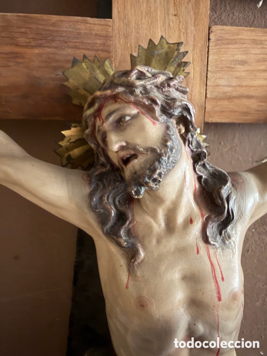 Arte: Antigua escultura religiosa - Cristo en la Cruz - Olot - Gran tama&ntilde;o