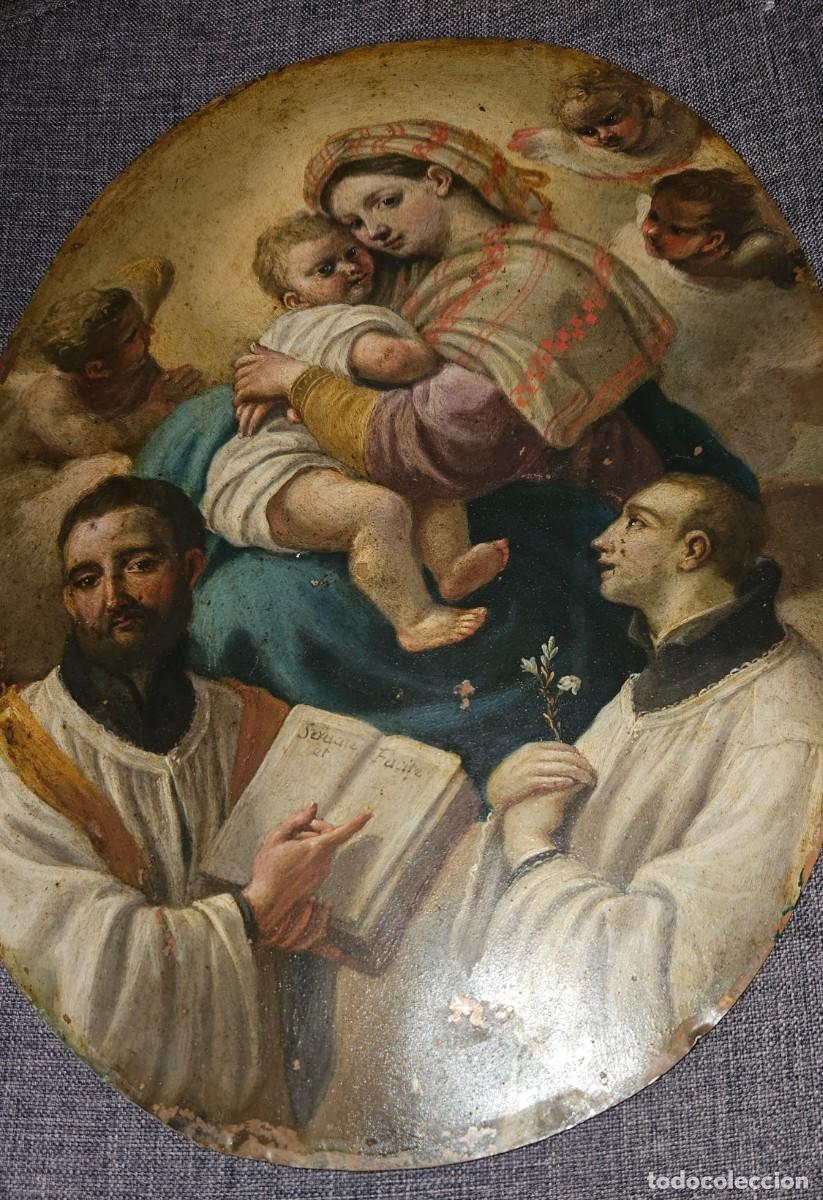 Arte: CUADRO COBRE,VIRGEN CON NI&Ntilde;O Y SANTOS