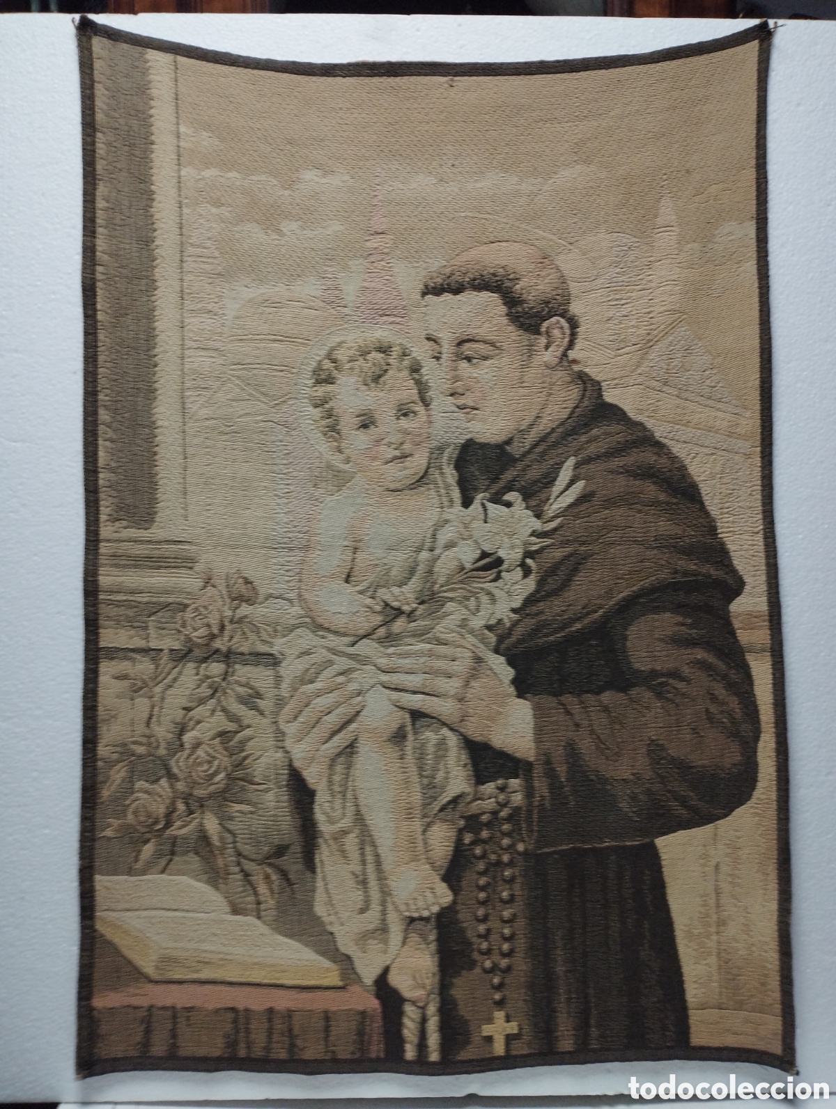 Arte: ANTIGUO TAPIZ DE SAN ANTONIO DE PADUA, HACIA 1900. MEDIDA 59X84 CM.