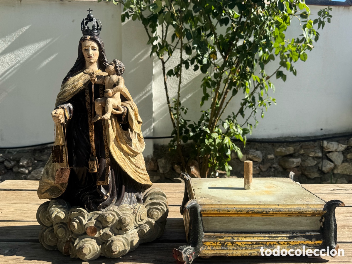 Arte: Virgen del Carmen con ni&ntilde;o corona plata madera tallada siglo XlX base serpientes colonial 56cm